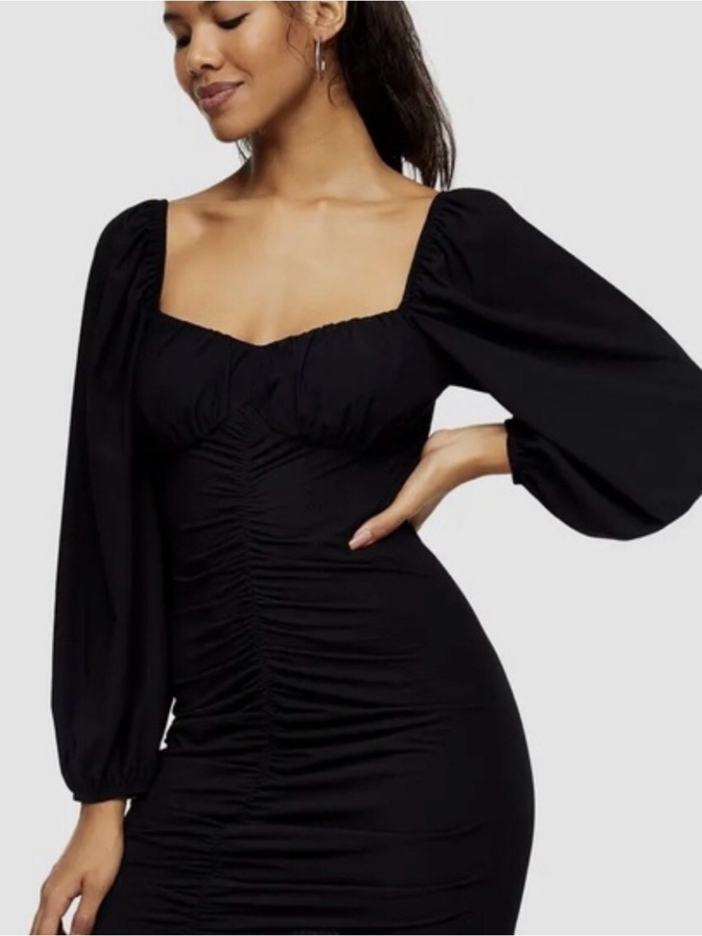 Topshop Ruched Long Sleeve Black Mini Dress in Black Size 10
